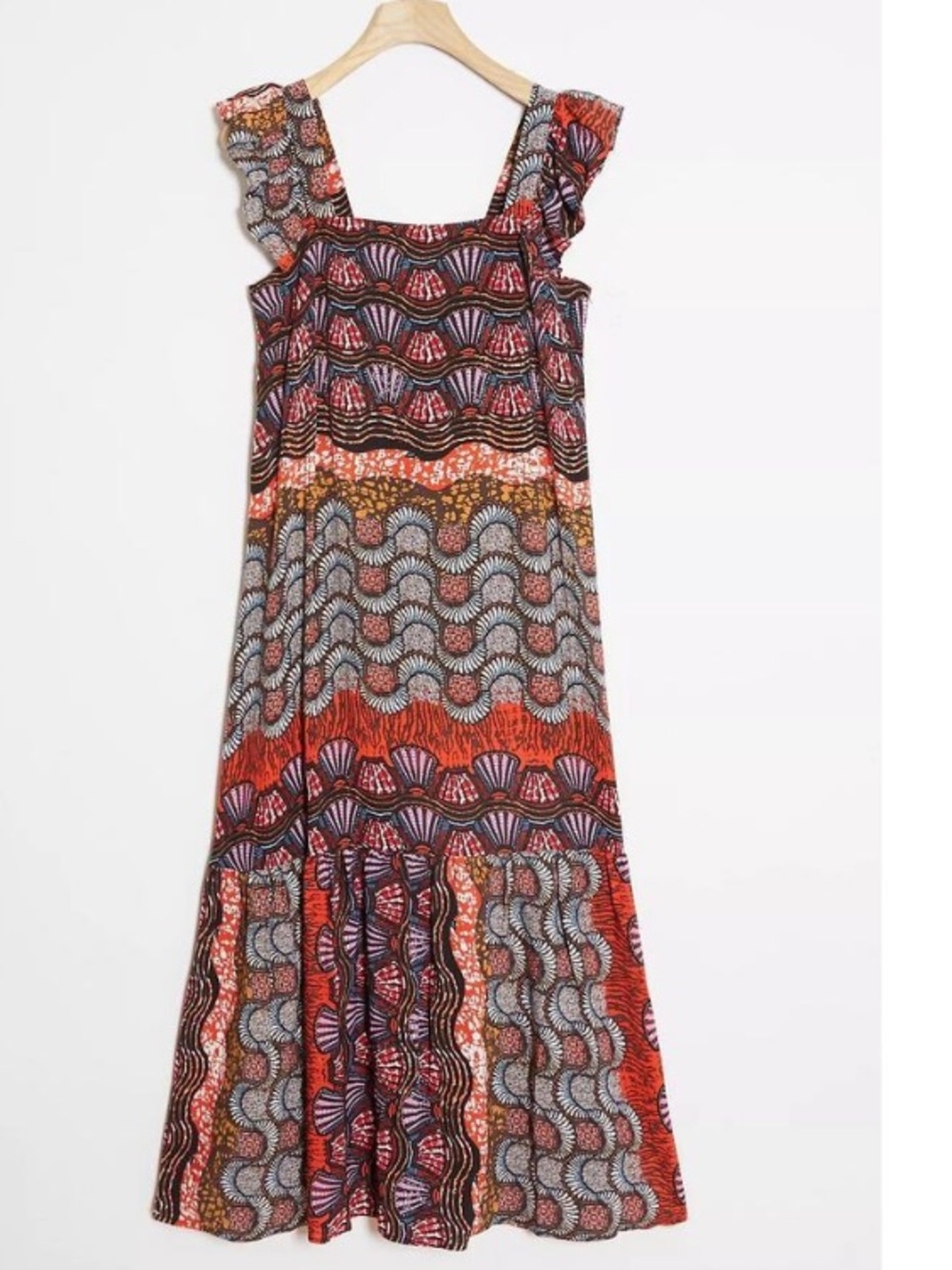 Corey Lynn Calter in Anthropologie Midi Boho Dress with Red and Orange XSP boho